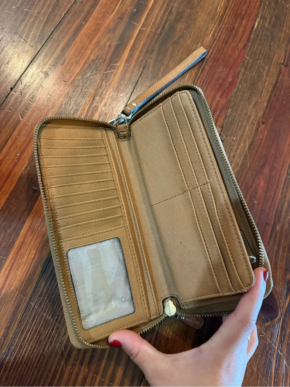 Michael Kors Tan Beige MK Logo Wristlet Wallet with Gold Plate